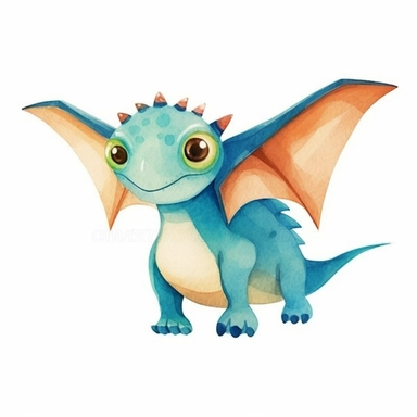 Pterodactyl on isolate white background, simple design, illustration, flat colors, simple lines, graphic novel style, 2d painting, watercolor painting style, trending on art station, digital art, childrens character design, happy mood, watercolor, pixar style cartoon, without line work, minimalist, clipart