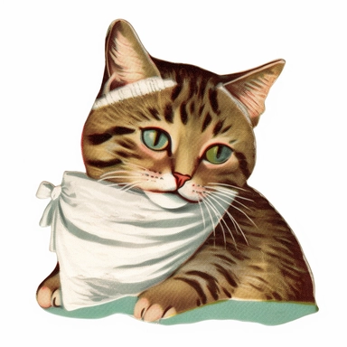 Vintage 1920 tabby cat with one eye closed & bandage Illustration, Chromolithograph, 1920s Illustration, Vintage, Chromolithograph, Colorful, Antique, Ephemera, Clipart, 8k, Isolated on white
