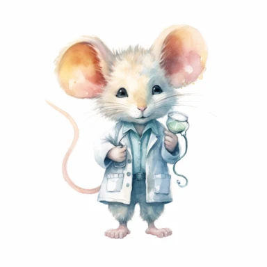 a cute watercolor clipart image with a white background, featuring a charming cute cartoon mouse doctor in a lab coat