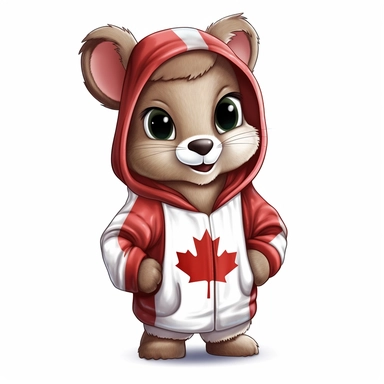 cute, happy cartoon squirell, wearing a hoodie covering ears, hoodie has a flag of Canada, with hands in the pockets, clipart, white background