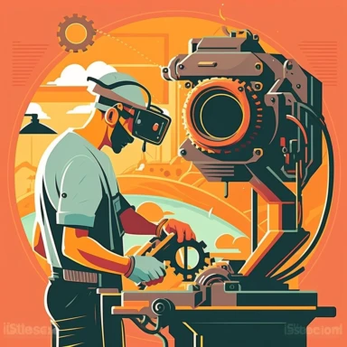 vr headset, virtual reality, industrial worker, poster, learning in vr gogle, repairing machine, simplistic, abstract, vector, 2d illustration, clipart, few colors, industrial, hi-tech