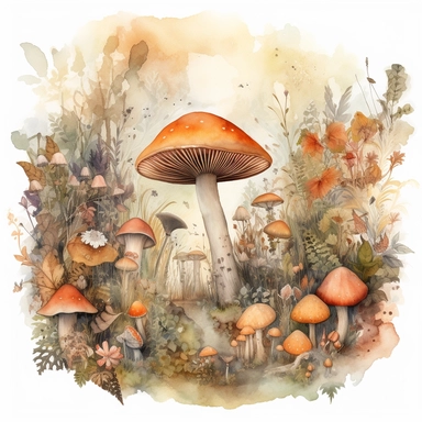 In this watercolor illustration, a mystical mushroom takes center stage, painted with vibrant hues and surrounded by delicate flowers and lush plants. The clipart design captures a magical scene, where fairies flit about in the air, their ethereal forms highlighted against a watercolor backdrop. The white background provides a stark contrast to the dominant autumn orange and browns color scheme, enhancing the enchanting atmosphere of the artwork. The intricate details of the flora and the playfu