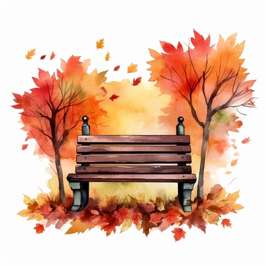 Design a clip art image in a watercolor style showcasing the beauty of autumn, with richly textured leaves in shades of red, orange, and gold, and a rustic wooden bench adorned with subtle watercolor washes. Ensure that the image format is PNG and there is a transparent background style by Lucy Fleming, watercolor, smooth gradients, black contour outline, ultra detailed, clipart elements, delicate pastel colors, solid white background, super clear, high quality