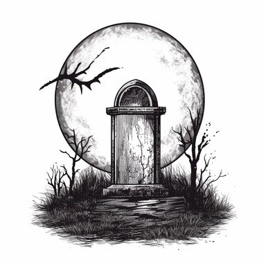 A scary looking tombstone for halloween with large full moon behind it, white background, single design, clipart, vector style graphics, sharp lines