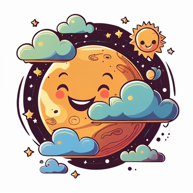 planet earth, with its continents and oceans, full of life. we can see south america. the moon is kindly smiling at the earth. clouds and stars on a solar system drawing, cartoon, clipart style, vector style, comic