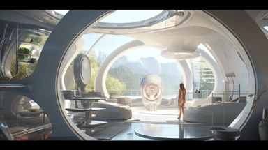 movie clip scene mid day of summer, circular elevated living pod, shimmering lights and shadows over living room studio library and kitchen open concept photographic high definition render, cold blinding shinny white fall light god rays shadows shimmering closeup detail concept art detailed painting with giant spaceship window of a cool industrial living quarters spaceship , huge over window with gorgeous galactic view, happy blade runner android, cool airvehicle cockpit, living bedroom office, 