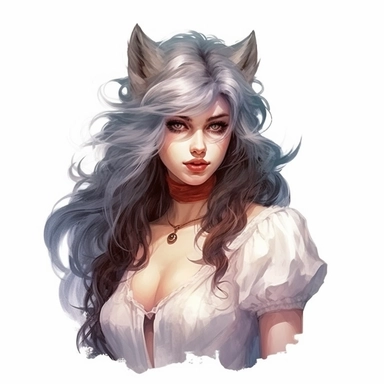 beautiful stunning pretty vintage werewolf female character, paint art style, clipart, white background, superrealistic, one of a kind