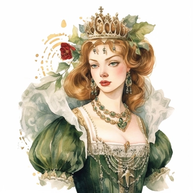 ur creative journey through the captivating medieval era unfolds, we find ourselves immersed in a scene of opulence, beauty, and a touch of intrigue. Envision a watercolor clipart that portrays a somewhat side view of a young lady of high nobility, radiating an air of regal confidence with a slightly arrogant look on her face. Her attire, adorned with fabulous jewelry, further emphasizes her status and allure. In this mesmerizing watercolor clipart, the young lady stands tall, her figure turned 