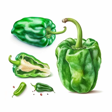 colorful watercolor green pepper clipart, white background, no text