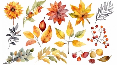 watercolor fall illustration. autumn leaves, sunflower, maple leaf, rowan berries, oak, acorn arragement. thanksgiving clipart
