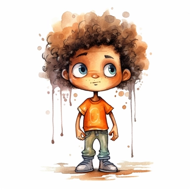 clipart, little boy, six years, funny curls standing away from head, long curls, frizzy, black hair, caramel skin color, kids book illustration, flat design, comic style, aquarell illustration, white background, little eyes, cute looking, line art