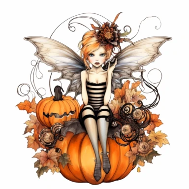 watercolor style Halloween fairy, clipart, large orange,wings, black white stripes, pumpkin, isolated on white background, in the style of Amy Brown, beautiful fall floral, bright color, crisp lines, chaos 8