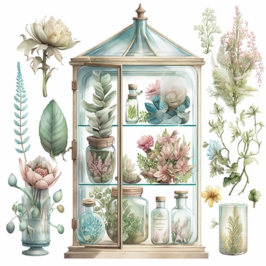 ULTRA QUALITY DETAILS, a glass cabinet with glass containers, flowers, botanical precision, watercolor, clipart