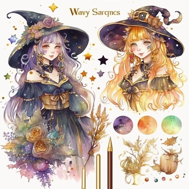 watercolor set of witch golden Keys, watercolor clipart, isolated elements, in the style of the stars art group (xing xing), tanya shatseva, artgerm, Victor Nizovtsev, Josephine Wall, pastel colors scheme, charming character illustrations, cute cartoon, beautiful facial features, detailed costumes, lovely, uhd image, transparent/translucent medium, bloomcore, matte painting, white background, Nita Engle, Anne Kullberg, Yee Chong, Larissa Ria Loomans –seed 3485400104