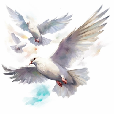 isolated clipart on a white background of a watercolor happy beautiful flying white pigeons of peace illustration, in the style of zbrush, storytelling, mashup of styles, in the style of daniel f. gerhartz, transcendent, nikon d850, art of burma, captures the essence of nature, in the style of organic forms and patterns, expansive skies, hyper-detailed illustrations, i can't believe how beautiful this is, lively colors