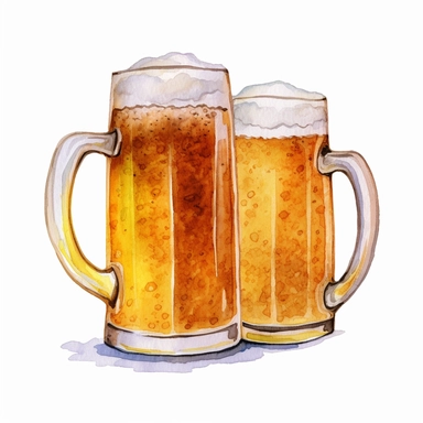 two beer glasses toasting on top, clipart, white beer foam on top, looking fresh and tasty, watercolor, white background, high quality