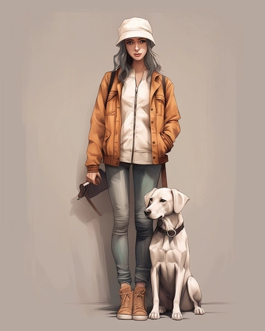 dog in a white tracksuit ,wearing a hat,full body shot,with jean jacket,brown pans,boots,scarf,contrasting colors,style of Anna Süßbauer and Jon Klassen,vector, realistic hyper-detail, in the style of victorian-inspired illustrations,realistic shading, pictorial fabrics, contest winner, organic designs, on a plain white background, clipart, masterpiece, trending on Artstation and Dribbble.