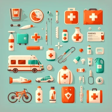 medical theme clipart that includes hospital supplies and medicine, an ambulance, doctor equipments, in vector artstyle