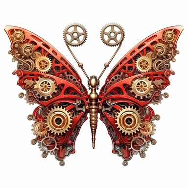 clip art steam butterflies with gears and isolated by white background, in the style of realistic hyper-detailed rendering, intricately textured, red flame and bronze, innovating techniques, textured shading, precisionism influence, surrealistic realism