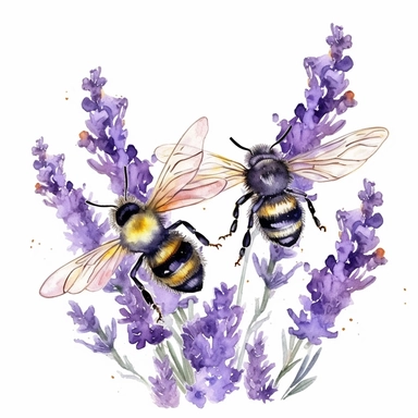 alcohol ink painting, 2 bees flying around lavender flowers, iconic, mystic symbolism, in the style of watercolor clipart, exceptionally detailed insect illustrations, animated gifs, animal motifs, organic material, clipart