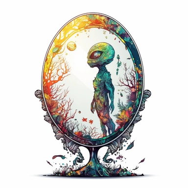Illustration in boho style, clipart, sublimation drawing Alien in the Looking Glass. Bright colorful colors. White empty background, high quality 8k, quality detail