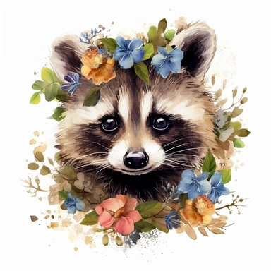 Nursery Print baby head raccoon flowers drawn in watercolor style, vector design, , Sublimation Clipart ,Cartoon,hyper realistic, intricate detail, illustration style,high solution,on the white background