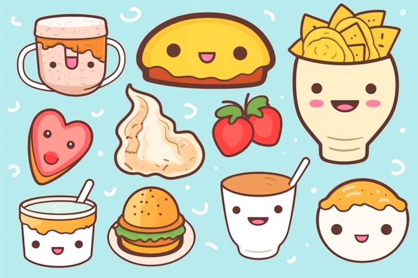 kawaii breakfast food clipart set, in the style of kawaii street art ...