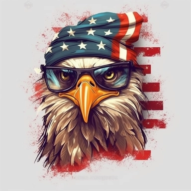 American flag with eagle scarf and sunglasses Sublimation Clipart, Cartoon funny, Cute anime, Very detailed, firework full color background
