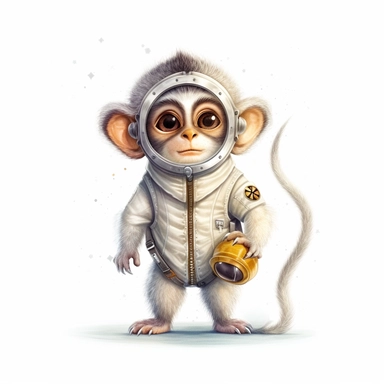 A drawn cute fairy tale space monkey clipart on white background - This space monkey is a lemur with a suit that has a long, ringed tail protruding from it. Its wide, curious eyes are always on the lookout for new space adventures.