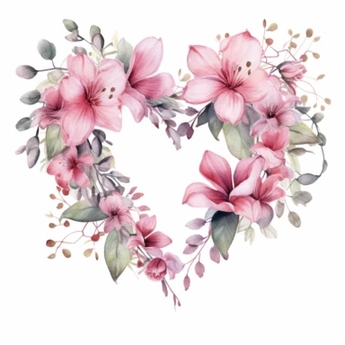 Enchanting watercolor depiction of a pink flower bouquet, captured from a close-up angle, presented within a heart-shaped frame adorned with delicate vines and leaves, symbolizing the intertwining of love, nature, and the beauty that blossoms when hearts and flowers align, clipart on a clean white background.