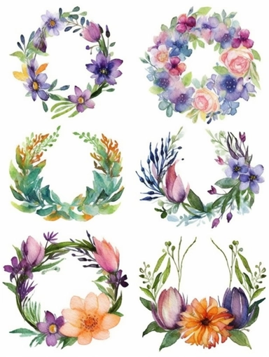 Watercolor clipart set with white background, floral crowns, cute and adorable, flat design, clearly defined separated image, high quality