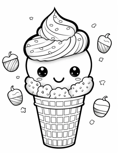 Picture a kawaii ice cream cone with a smiling face and colorful scoops of different flavors. Add a waffle cone and toppings for extra cuteness. For Simple Coloring page,Big eyes,line art, thick lines, black and white,clipart, illustration, on white background,Detailed,Details