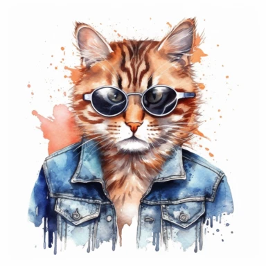 hyper-realistic watercolor Whiskers Through Time- Royal attire: Rockstar outfit: Give the cat a cool and edgy look by dressing them in a leather jacket, sunglasses, and a bandana, portraying them as a rockstar. Cats in History Clipart, watercolor background for sublimination, high resolution