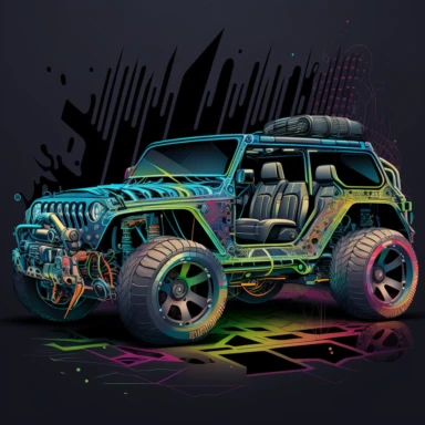 schematic drawings of futuristic concept jeep car, detailed, colorful, vector, sharp focus, super detailed, illustration, 16:9, v4, q2, 16k, High quality, clipart style
