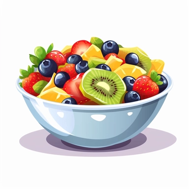Clip art, png, A bowl of colorful fruit salad, with strawberries, blueberries and kiwi, in a bright, cheerful style, moderately abstract, white background
