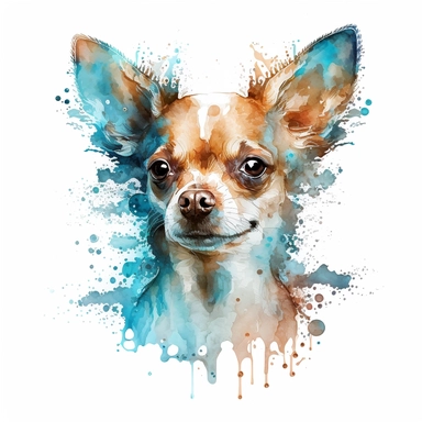 the Chihuahua is painted beautifully with watercolor splashes, in the style of light azure and dark amber, uhd image, avacadopunk, ferrania p30, elegant, emotive faces, high resolution, symmetrical, white background, no overflow, clipart