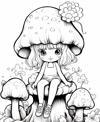 Mushroom Fairy sitting on a giant mushroom in an enchanted forest, Kawaii for a childrens book, cartoon style, thick lines, black and white, no shading, line drawing illustration, no kid faces, no duplicate faces, blurry, drawing, cartoon, illustration, painting, concept art, cgi, unreal, anime, black&white, b&w, picture frame, deformed, bad anatomy, disfigured, poorly drawn face, mutation, mutated, extra limb, poorly drawn hands, done by bad-artist, ugly, dazed, 3D render, 3D game, 3D game scen