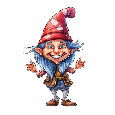 A delightful, hand-drawn clipart image of a friendly female gnome with no beard, dressed in a charming, brightly colored ensemble, sporting a tall, pointy hat, and standing with a welcoming smile, presented on a transparent background for versatile use