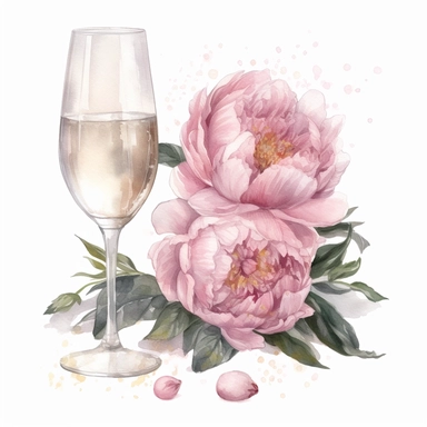 clipart llustration of pink peony flowers and a glass of champagne, Watercolor style