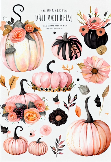 a pretty boho fun art collection on a white background with margins, pink orange and black Halloween pumpkins, watercolor, clipart,