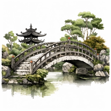 one garden bridge clipart on a white background, in the style of chie yoshii, heavy texture, artgerm, hiroshige, realistic and naturalistic textures, nature-inspired shapes, die brücke , no watermark, text, 300 DPI , typography, shapes do not stick together, no text in the picture, on a white background