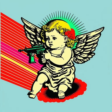 pop art baby sweat angel with machine gun K 112 drawing clipart animation realistic comic modern art