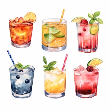 Alcohol cocktail collection. Watercolor illustration. Drinks clipart