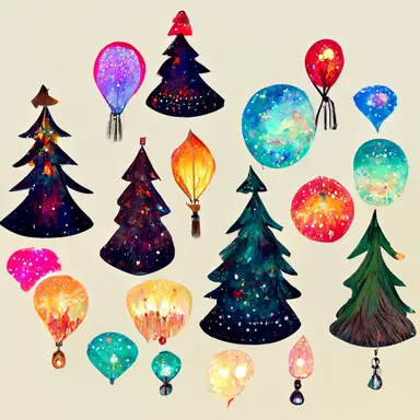 lots of clipart illustrations for christmas celebration,cute,8k, colourful, tiny drawings, pine trees, balloons,sparklers, fireworks, snow, stars, christmas cap