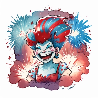 a sticker, a watercolor painting, red, white, and blue colorsplash, clip art, a cute troll with a big smile dressed as Lady Liberty with a background of colorful fireworks.