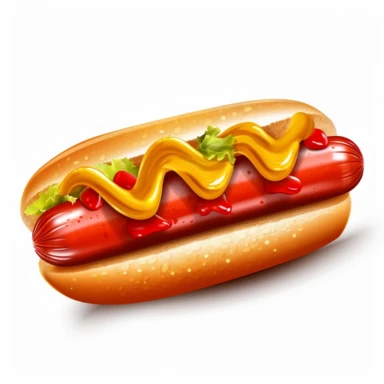 clipart hotdog in a bun with a line of ketchup and mustard, white background