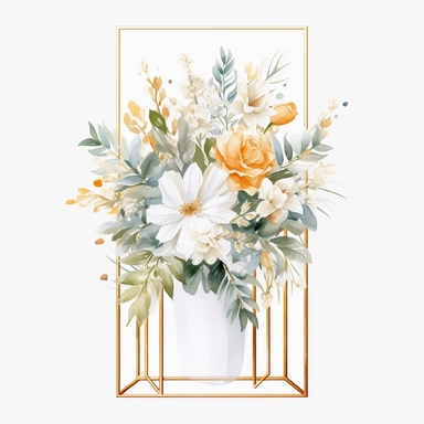 watercolour beautiful realistic white real floral wedding flower spray on gold rectangle tall frame stand realistic elegant wedding floral display stand with white glitter wedding flowers ,clip art graphics , PNG image,transparent background ,ultra highly detailed, 18k, sharp focus, bright photo with vibrant colours, digitally enhanced,photographic, enhanced graphics, png format, straight, sharp focus, bright lighting, intricate detailed png image ,high definition,300dpi,graphic clipart,computer