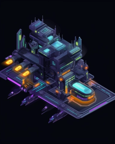 isometric perspective, game sprite, futuristic small spaceship hanger concept, gaming asset, sci-fi, fun, creative, cartoon, clipart, hyper-detailed, black background,