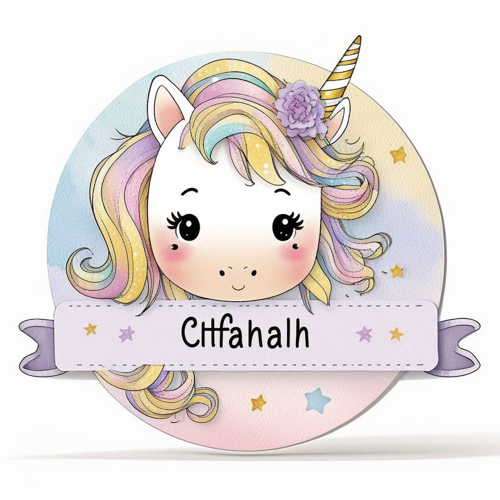 personalised name plate ribbon for text, a large unicorn chibi face ...