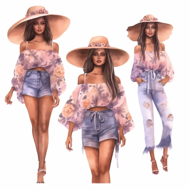 mauve, watercolor, summer vacation, black women, boho, clothing, clipart set